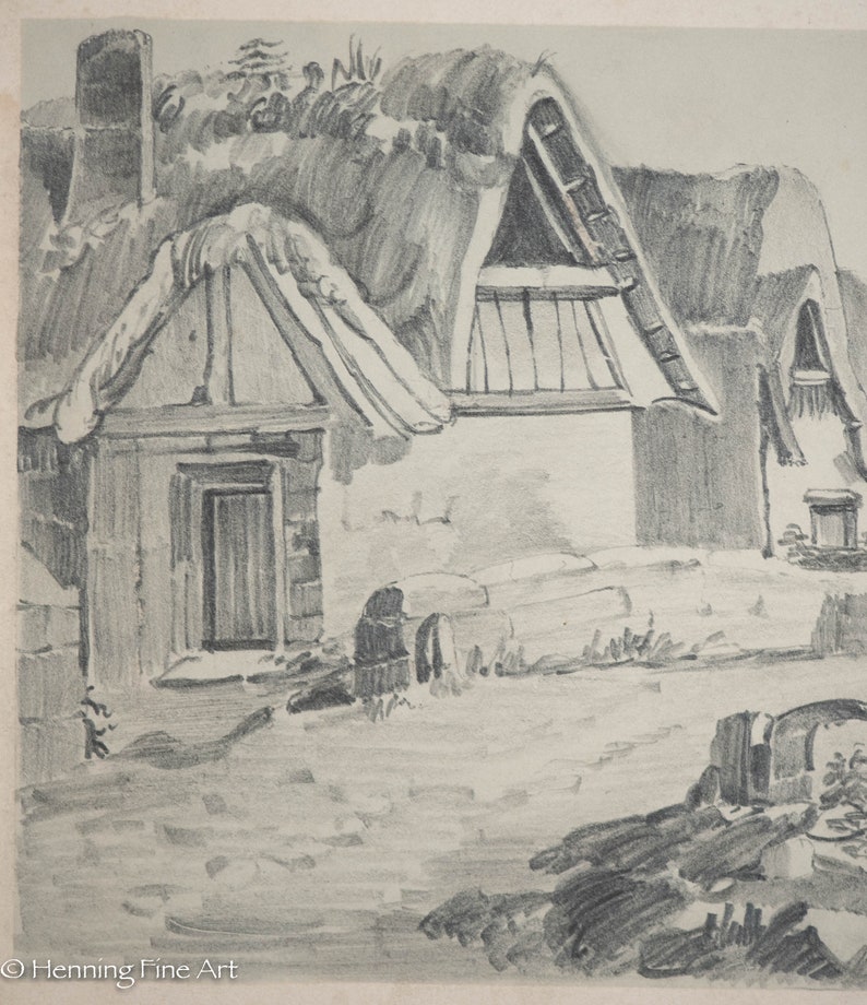 Beautiful Antique English Pencil Drawing of Thatched Roof Village Arch ...