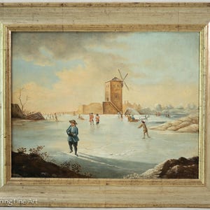 Stunning Antique Oil Painting Dutch Landscape Winter with Many Figures, FINE! 2