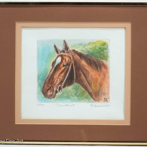 May include: A framed watercolor painting of a horse's head, showcasing a brown coat and a white stripe on its face. The artwork is set against a backdrop of green and blue hues, with the title "Secretariat" and artist's signature visible.
