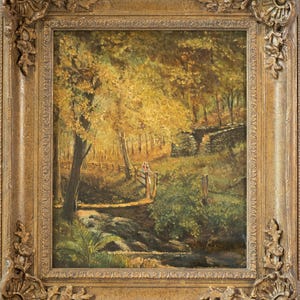 Stunning Antique Landscape Oil Painting Wooded Ruins with Figure Framed & FINE!