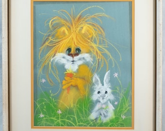Whimsical Mid Century Painting of Lion and Bunny Rabbit Floral Signed Suzi, Fun!