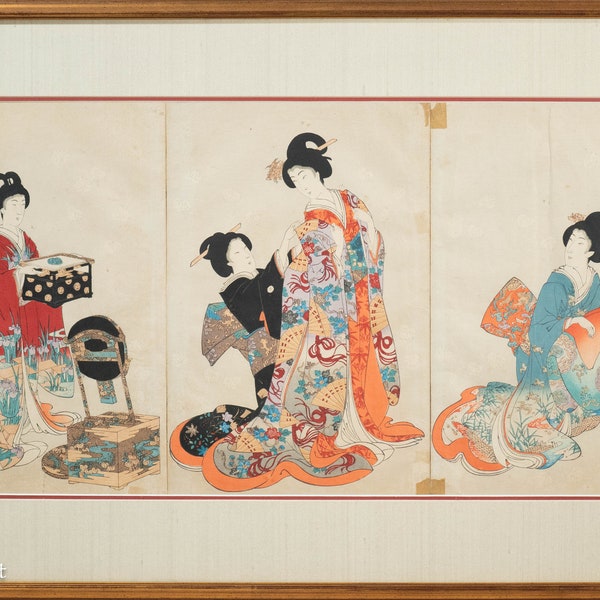 Beautiful Antique Japanese Woodblock Triptych Showing Lovely Geisha Women