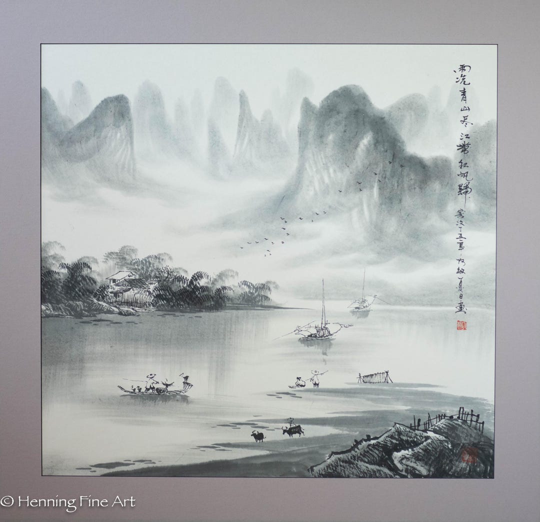 Beautiful Large Vintage Chinese Qingshan Yangtze River Woodblock Print ...