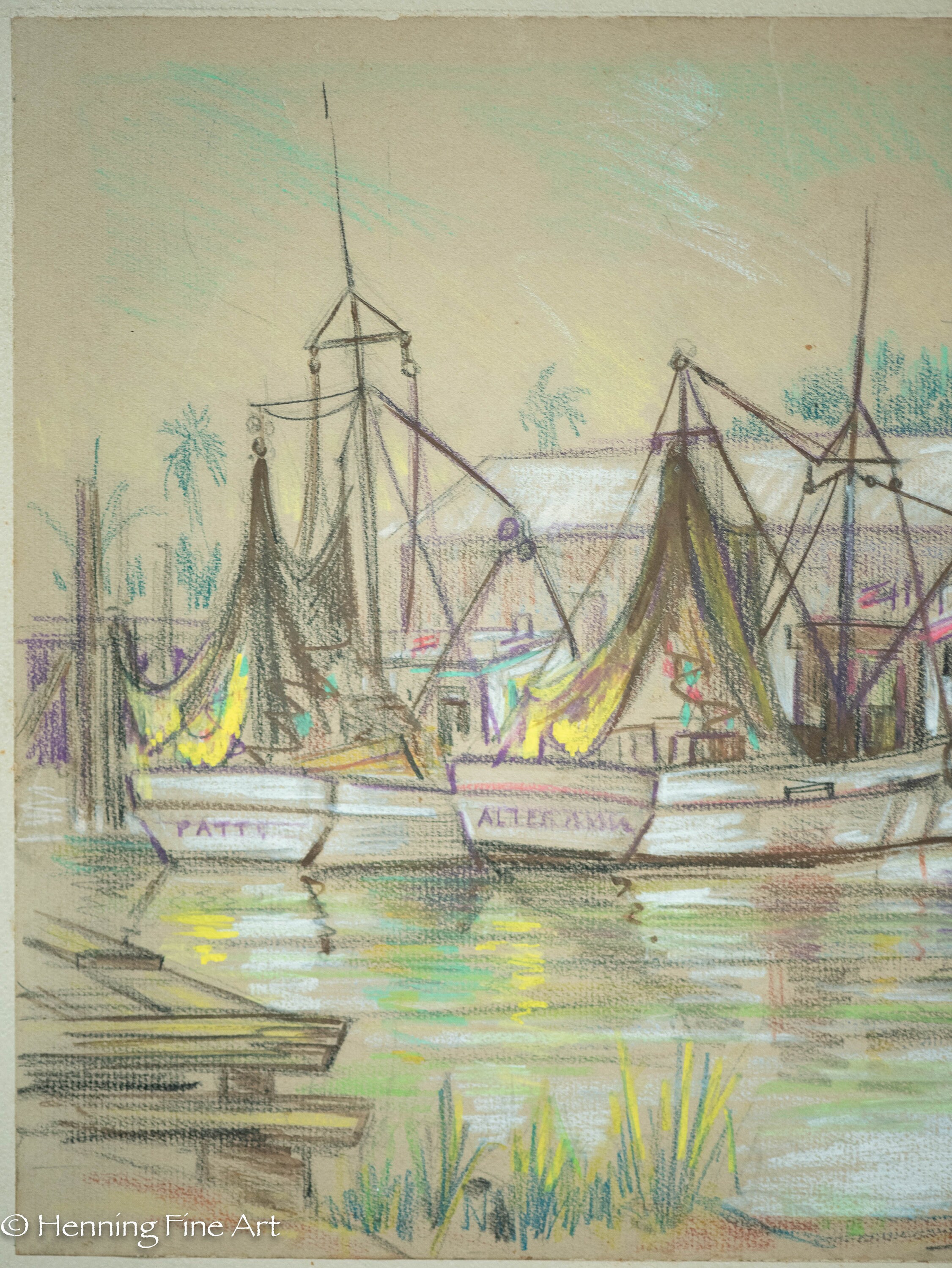 スイマー Beautiful Eleanor J Mathews Oil Pastel Fishing Boats Tropical Rare