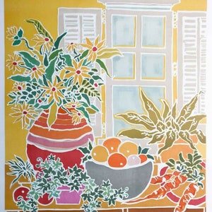 May include: A colorful still life print featuring a window, flowers in a striped vase, a bowl of fruit, and carrots. The artwork has a yellow background and a warm color palette with red, orange, and green accents.