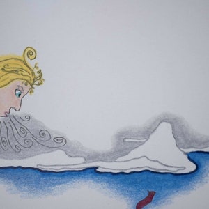 Puede incluir: Una ilustraci&oacute;n de dibujos animados de una mujer con cabello rubio soplando sobre una gran superficie de hielo blanco. La mujer tiene la cara rosa y los ojos azules. La superficie de hielo est&aacute; rodeada de un &aacute;rea de agua azul.