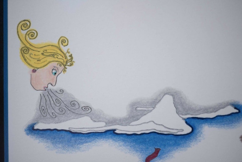 Puede incluir: Una ilustraci&oacute;n de dibujos animados de una mujer con cabello rubio soplando sobre una gran superficie de hielo blanco. La mujer tiene la cara rosa y los ojos azules. La superficie de hielo est&aacute; rodeada de un &aacute;rea de agua azul.