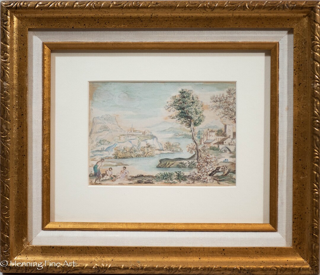Beautiful Antique Italian River Landscape Watercolor Painting Old ...