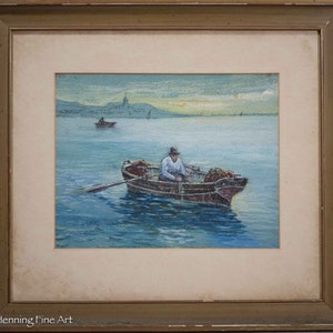 May include: A watercolor painting depicting a man rowing a boat on a calm body of water. The sky is a soft blue with hints of pink and orange, suggesting a sunrise or sunset. The distant shoreline is visible in the background.