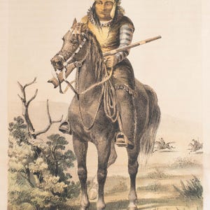 May include: An antique lithograph print depicts a Lipan warrior on horseback, holding a long staff. The warrior wears traditional attire, including a headband and fringed garments. The print, with text "LIPAN-WARRIOR", is set against a landscape with other riders in the background.