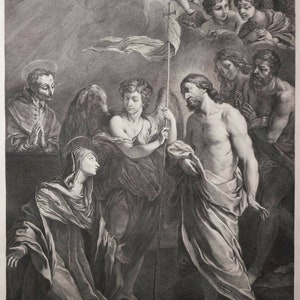 May include: A black and white engraving of a painting depicting a scene from the Bible. The painting shows Jesus Christ ascending to heaven, with angels and other figures surrounding him. The text "Quadro di Guido Reni cavato dalla Galleria Reale di Dresda" is at the bottom of the image.