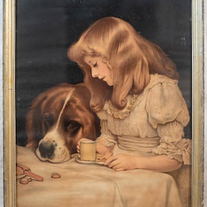 Beautiful Antique Chromolithograph of Girl and St Bernard Dog Charles Barber