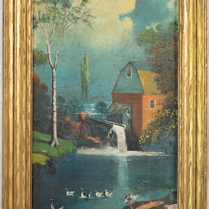 Beautiful Antique Oil Painting Old Barn with Waterwheel Landscape, Signed