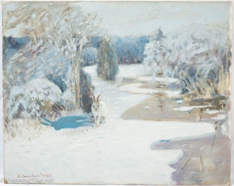 Stunning Mid Century Danish Oil Painting Winter Landscape with Hare by Lundkvist