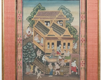 Stunning Thai Painting of Busy Village Vintage / Antique, Extremely Beautiful! 2