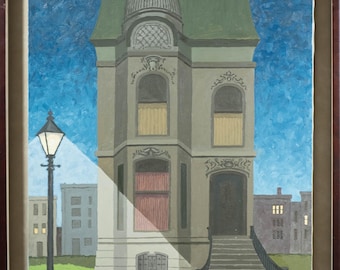 Beautiful Vintage Oil painting of a Victorian House w/ Street Light, Signed!