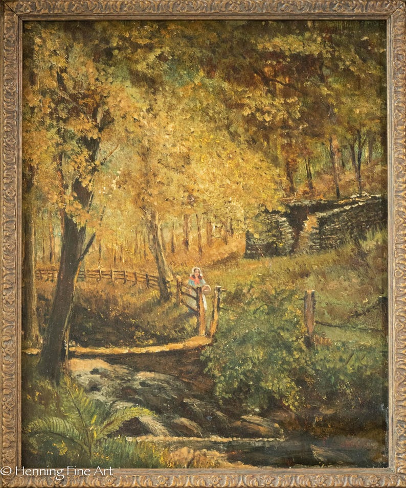 Stunning Antique Landscape Oil Painting Wooded Ruins With Figure Framed ...