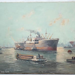 May include: An oil painting depicting a large cargo ship in a harbor with smaller vessels and tugboats nearby. The scene features a hazy, light blue sky and calm water, with smoke rising from the ships' funnels. The text Henning Fine Art is visible.