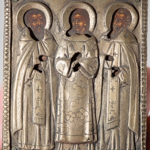 Beautiful Antique Russian Icon Three Patron Saints St. Basil, Gregory and John