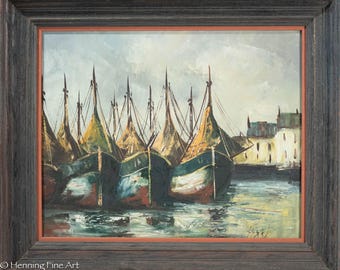 Beautiful Vintage Impressionist Oil Painting Harbor with Fishing Boats, Signed