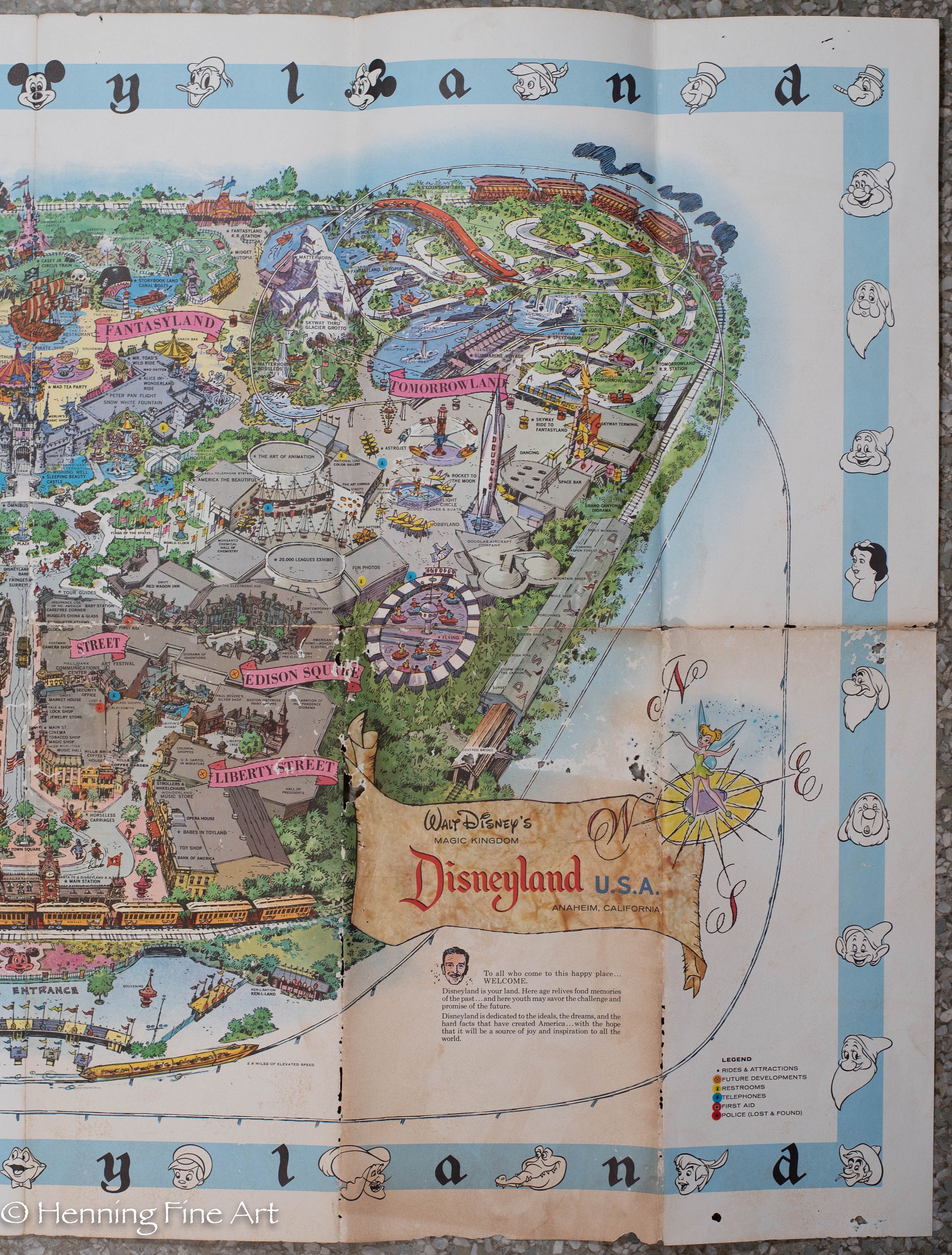 Rare 1962 Disneyland Park Map Large Color Tourist Map 30 X