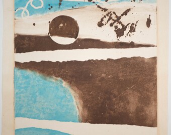 Beautiful Vintage Modernist Abstract Expressionist Etching Brown and Blue, Nice!