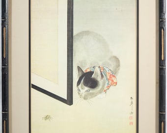 Beautiful Vintage Oido Toko Cat Watching a Spider Print, Black Frame 21 x 17"