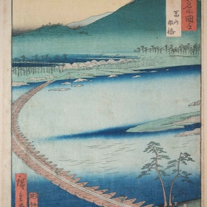 Utagawa Hiroshige Woodblock Pontoon Bridge at Toyama, Funabashi 1853 Famous View