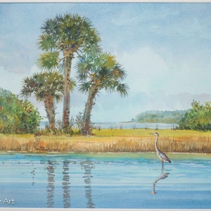 Klaus Schuler Original Watercolor Painting Beautiful Florida Landscape w/ Mangroves & Blue Heron