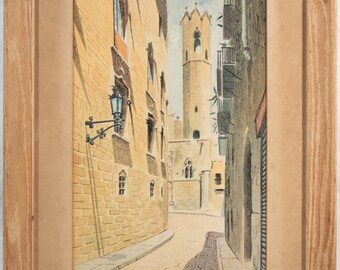 Beautiful Vintage Painting Barcelona Spain Gothic Quarter Tower, Signed & Fine