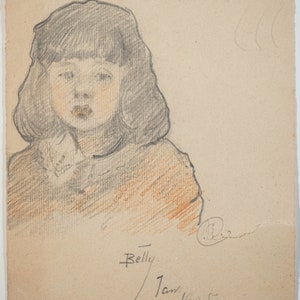 Beautiful Antique Pencil Drawing of Young Girls Portrait of Betty Tarr 1905