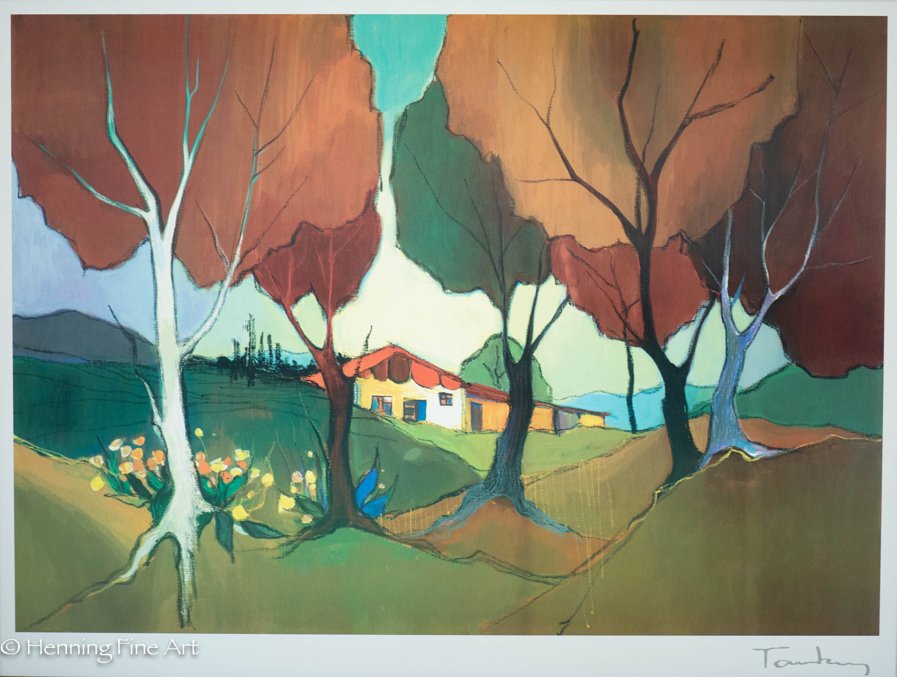 Beautiful Itzchak Tarkay Landscape Red Roof With Trees and
