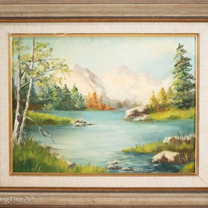 Beautiful Vintage Western Landscape Oil Painting Mountain River Signed L. Perry