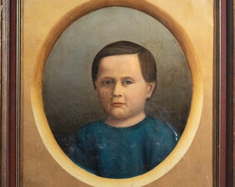 Outstanding Antique Children Boy Portrait Oil Painting 18th-19th Century, Repairs