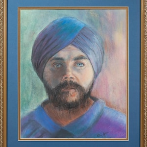 Beautiful Vintage Pastel Portrait of Man Wearing Blue Turban Illegibly Signed