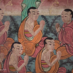 May include: A painting depicting a group of people in prayer. The people are wearing orange and red robes and have their hands clasped in front of them. The painting is done in a traditional style with a muted color palette.