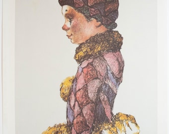 May include: A colorful print of a person in a harlequin costume. The figure wears a checkered hat, a ruffled collar, and a diamond-patterned outfit in shades of red, purple, and yellow. The artwork has a vintage feel.