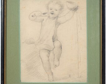 Beautiful Antique Drawing of Child with Spoon and Bowl Signed "TM" Framed