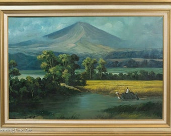 Vintage Southeast Asian Mountain Landscape Oil Painting on Canvas Signed & Fine!