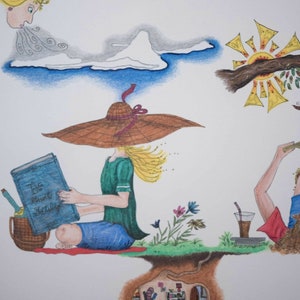 Puede incluir: Una mujer con un sombrero de sol marr&oacute;n se sienta en un parche de hierba leyendo un libro titulado "The Short Story." Est&aacute; rodeada de flores y una peque&ntilde;a casa con una puerta marr&oacute;n es visible debajo del suelo. Un sol con rayos amarillos est&aacute; en la esquina superior derecha de la imagen.