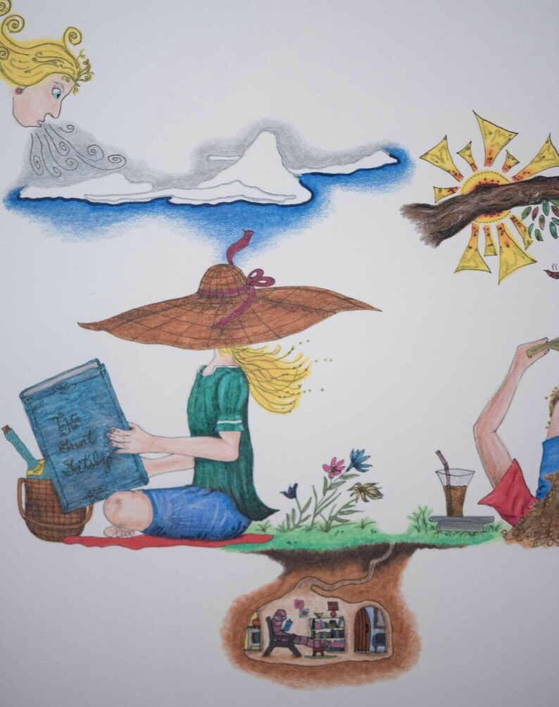 Puede incluir: Una mujer con un sombrero de sol marr&oacute;n se sienta en un parche de hierba leyendo un libro titulado "The Short Story." Est&aacute; rodeada de flores y una peque&ntilde;a casa con una puerta marr&oacute;n es visible debajo del suelo. Un sol con rayos amarillos est&aacute; en la esquina superior derecha de la imagen.