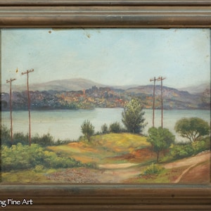 Beautiful Antique American Impressionist Oil Painting Landscape with City, Fine!