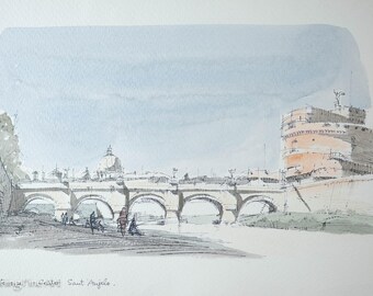 Artist F Neri Rome Castel Sant'angelo Litho Print Signed Unframed
