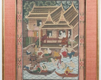 Stunning Thai Painting of Busy Village Vintage / Antique, Extremely Beautiful! 1