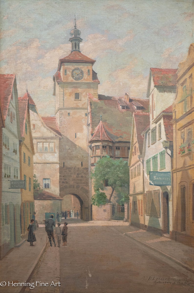 May include: A painting of a street scene in a European town. The street is lined with buildings, including a tall tower with a clock face. There are people walking in the street, and a sign for a restaurant or tavern is visible on one of the buildings. The painting is done in a realistic style, with muted colors and a sense of depth.