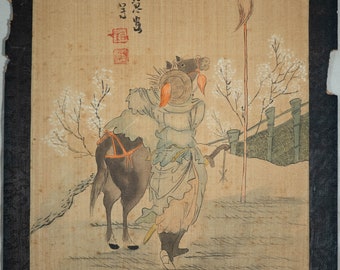 Beautiful Antique Japanese Silk Painting Warrior with Horse and Flowers 3/3