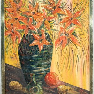 Beautiful Vintage Mid Century Oil Painting of Red Flowers Fruit Van Gogh Style