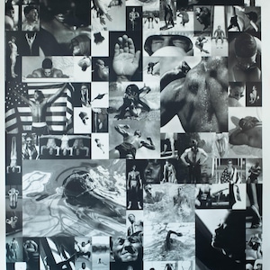 May include: Monochrome collage poster depicting athletes in various sports. The images include swimmers, gymnasts, and other sportspeople, with an emphasis on action and physical prowess. The poster has a vintage style.
