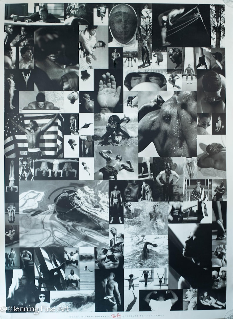 May include: Monochrome collage poster depicting athletes in various sports. The images include swimmers, gymnasts, and other sportspeople, with an emphasis on action and physical prowess. The poster has a vintage style.