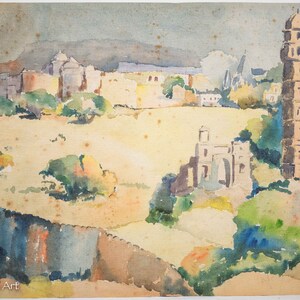 Vintage Watercolor Painting of Jerusalem Illegibly Signed College Stamp, Nice!